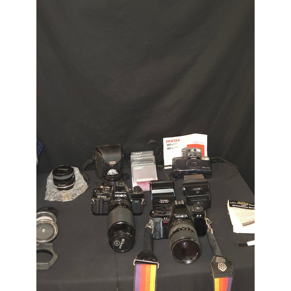Minolta X-700 X-9 SLR Pentax 735 Film‎ Camera Lot with Lenses Flash Filters Case